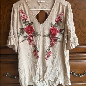 Pleione Beige Top with Red Floral Embroidery